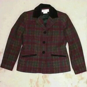 VINTAGE Crosscountry Petites Plaid Equestrian Wool Blazer Velvet Collar Women 4P